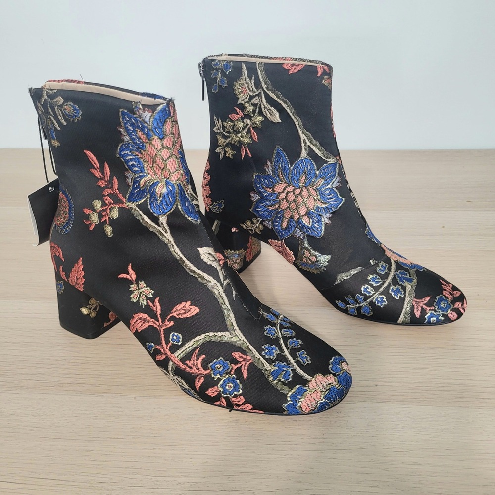 Zara Floral Jacquard Ankle Boots Black Blue Red Satin Statement Booties Heels 8